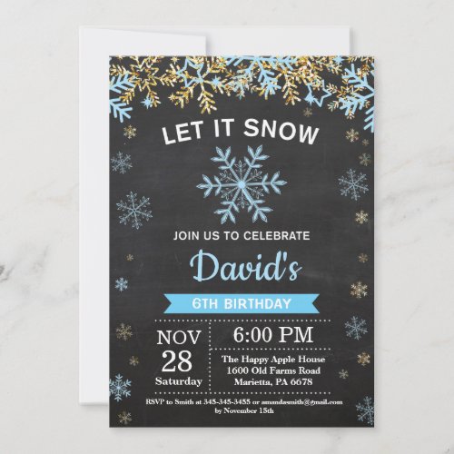 Rustic Winter Snowflake Blue and Gold Boy Birthday Invitation