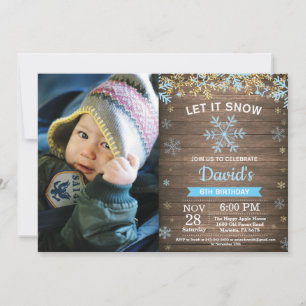 Rustic Winter Snowflake Blue Gold Boy Birthday Invitation
