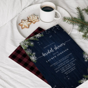 Rustic Winter Snowflake Blue Plaid Bridal Shower I Invitation
