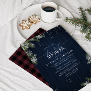 Rustic Winter Snowflake Blue Plaid Bridal Shower Invitation