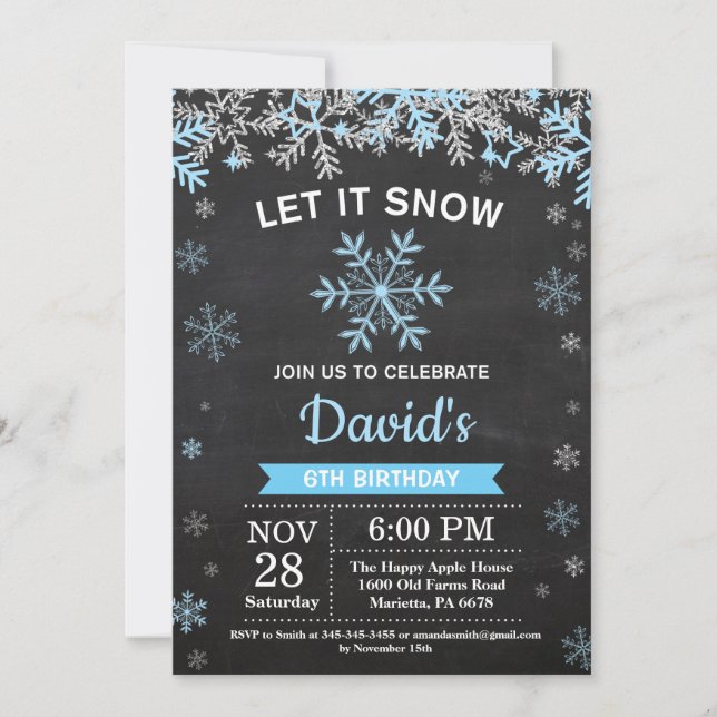 Rustic Winter Snowflake Blue Silver Boy Birthday Invitation (Front)