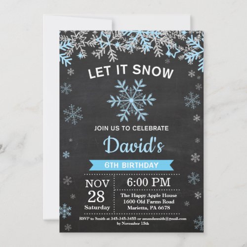 Rustic Winter Snowflake Blue Silver Boy Birthday Invitation