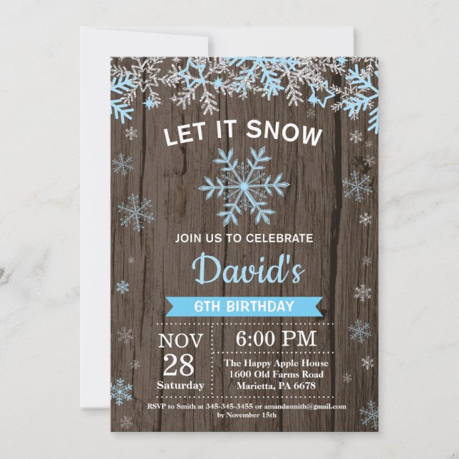 Rustic Winter Snowflake Blue Silver Boy Birthday Invitation (Front)