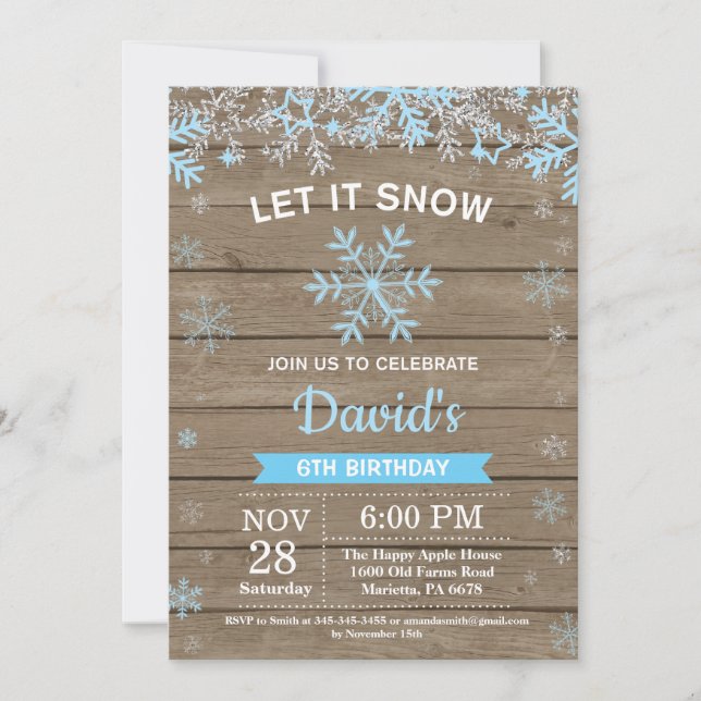 Rustic Winter Snowflake Blue Silver Boy Birthday Invitation (Front)