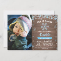 Rustic Winter Snowflake Blue Silver Boy Birthday Invitation