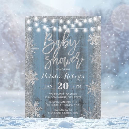 Rustic Winter Snowflake Dusty Blue Baby Shower Invitation