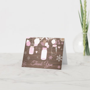 Rustic Winter Snowflake Mason Jar Pink Letterpress Thank You Card
