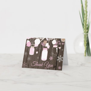 Rustic Winter Snowflake Mason Jar Pink Thank You Card