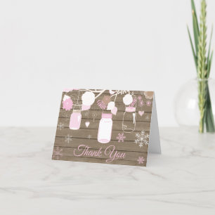 Rustic Winter Snowflake Mason Jar Pink Thank You Card