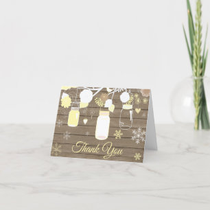 Rustic Winter Snowflake Mason Jar Yellow Letterpress Thank You Card