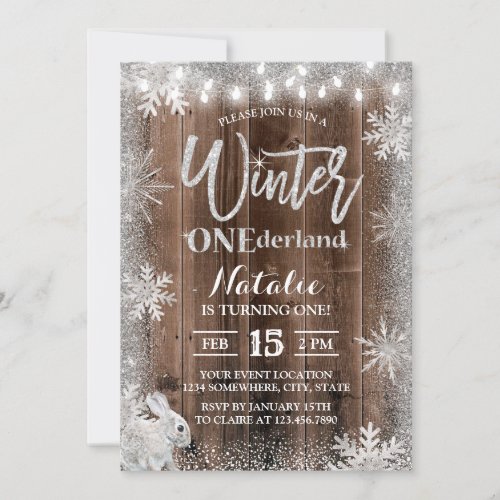 Rustic Winter Snowflake ONEderland Rabbit Birthday Invitation