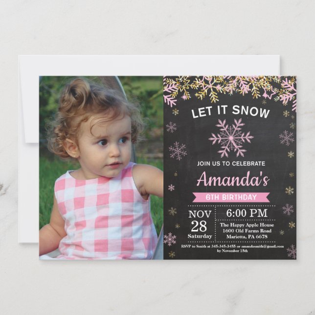 Rustic Winter Snowflake Pink Gold Girl Birthday Invitation (Front)