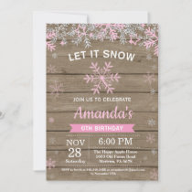 Rustic Winter Snowflake Pink Silver Girl Birthday Invitation