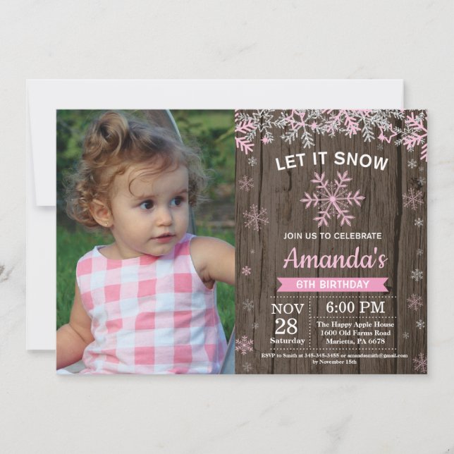 Rustic Winter Snowflake Pink Silver Girl Birthday Invitation (Front)