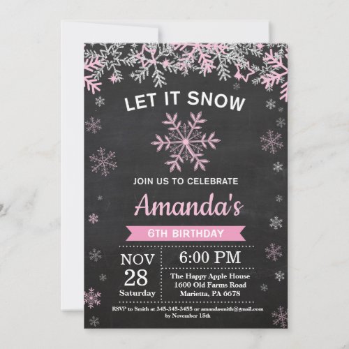Rustic Winter Snowflake Pink Silver Girl Birthday Invitation