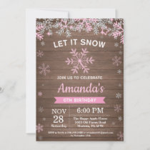 Rustic Winter Snowflake Pink Silver Girl Birthday Invitation