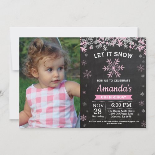 Rustic Winter Snowflake Pink Silver Girl Birthday Invitation