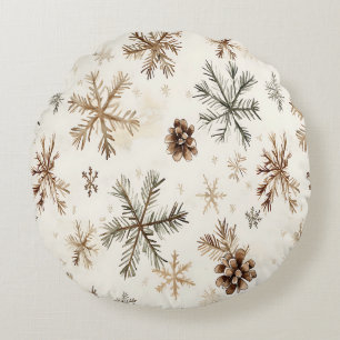 Rustic winter snowflakes and pinecones round pillow