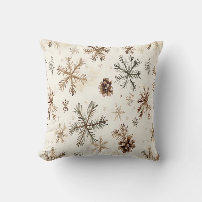Rustic winter snowflakes and pinecones throw pillow (Front)