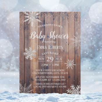 Rustic Winter Snowflakes Barn Wood Baby Shower Invitation by myinvitation at Zazzle
