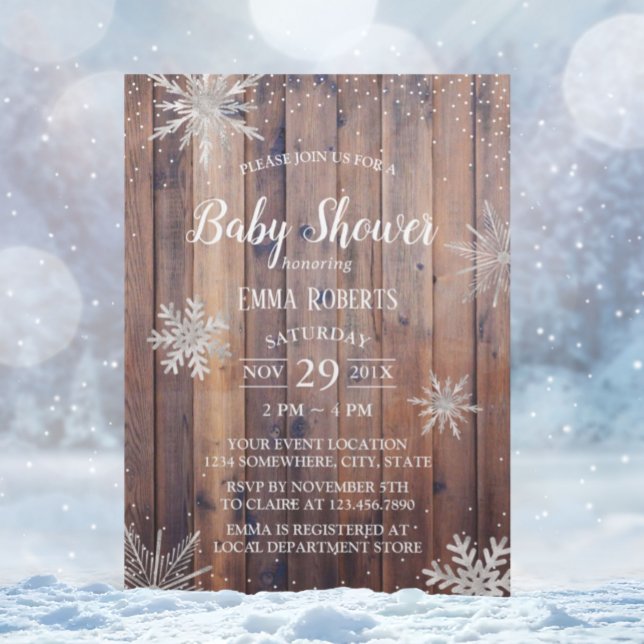 Rustic Winter Snowflakes Barn Wood Baby Shower Invitation