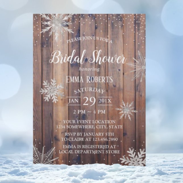 Rustic Winter Snowflakes Barn Wood Bridal Shower Invitation