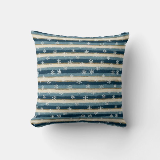 Rustic Winter Snowflakes Blue Gold Painted Stripes Throw Pillow (Front)