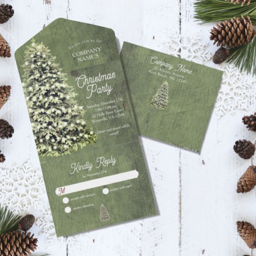 Rustic Winter Snowflakes Green Christmas Wedding All In One Invitation