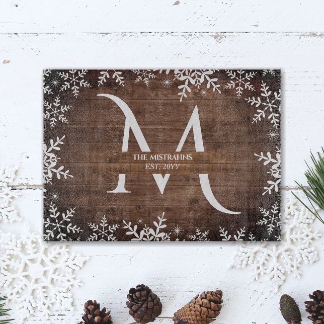 Rustic Winter Snowflakes Monogram Faux Wood Cutting Board (Creator Uploaded)
