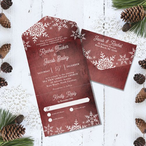 Rustic Winter Snowflakes Red Christmas Wedding All In One Invitation