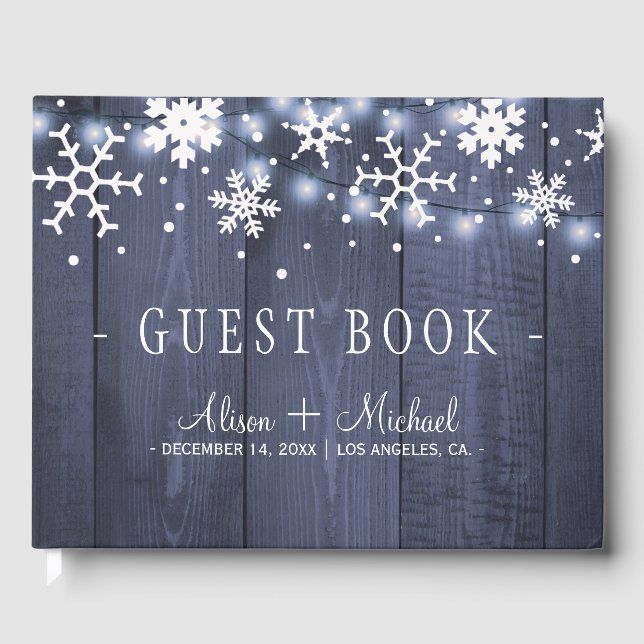 Rustic winter snowflakes string lights wedding guest book (Front)