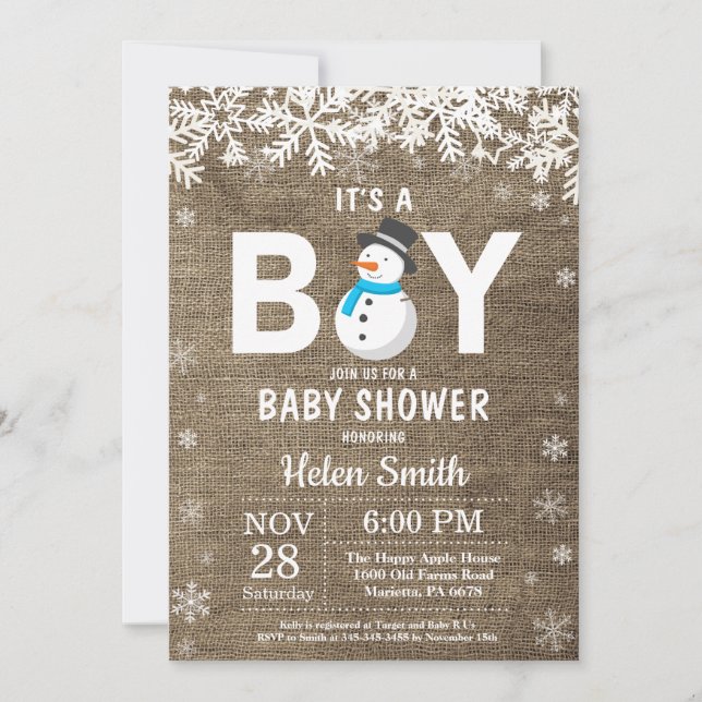 Rustic Winter Snowman Boy Baby Shower Invitation (Front)