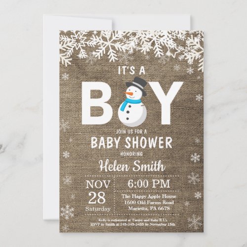 Rustic Winter Snowman Boy Baby Shower Invitation