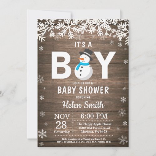 Rustic Winter Snowman Boy Baby Shower Invitation