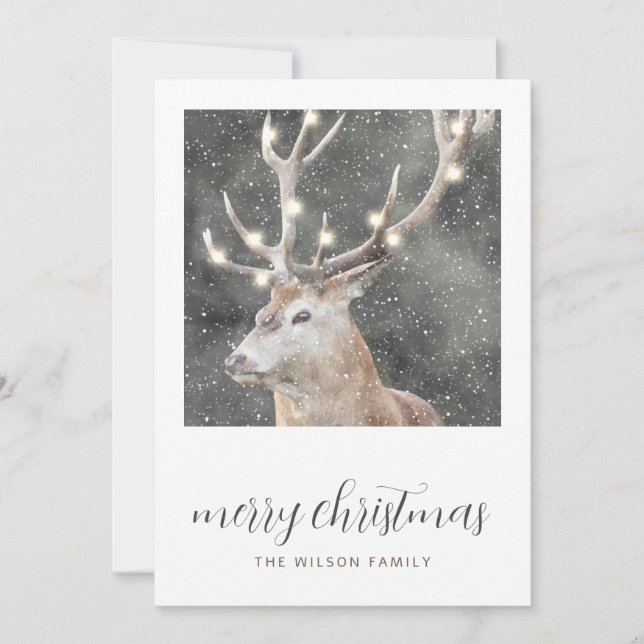 Rustic Winter Stag String Lights Christmas Cards (Front)