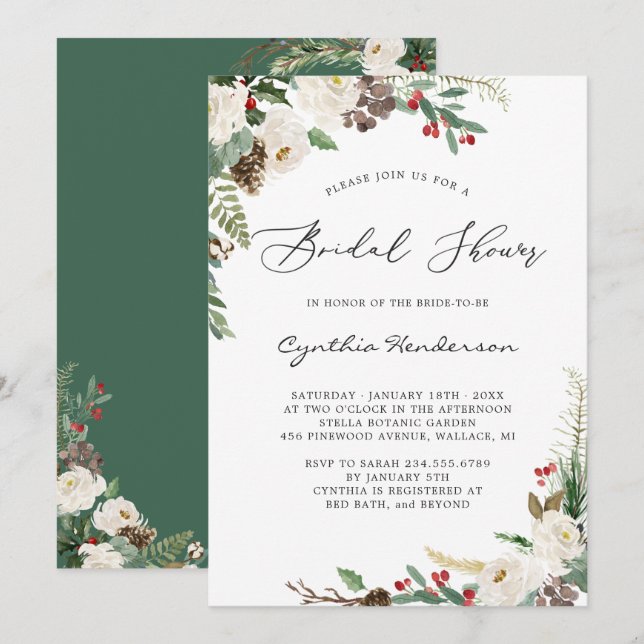 Rustic Winter Themed Floral Berries Bridal Shower Invitation (Front/Back)