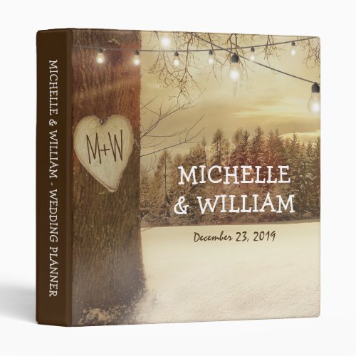 Rustic Winter Tree Christmas Lights Wedding 3 Ring Binder - Christmas woodland wedding planner album featuring winter trees covered in snow, a carved heart with your initials, string twinkle lights and a modern text template.

For further customization, please click the "Personalize it" button to modify this template. All text style, colors, and sizes can be modified to suit your needs. You will find other matching wedding items at my store www.zazzle.com/special_stationery, however if you can’t find what you are looking for please contact me.