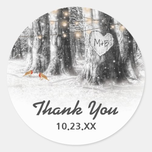 Rustic Winter Tree Lights Thank You Wedding Favor Classic Round Sticker