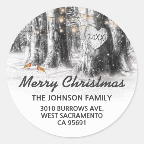 Rustic Winter Tree Merry Christmas Return Address Classic Round Sticker