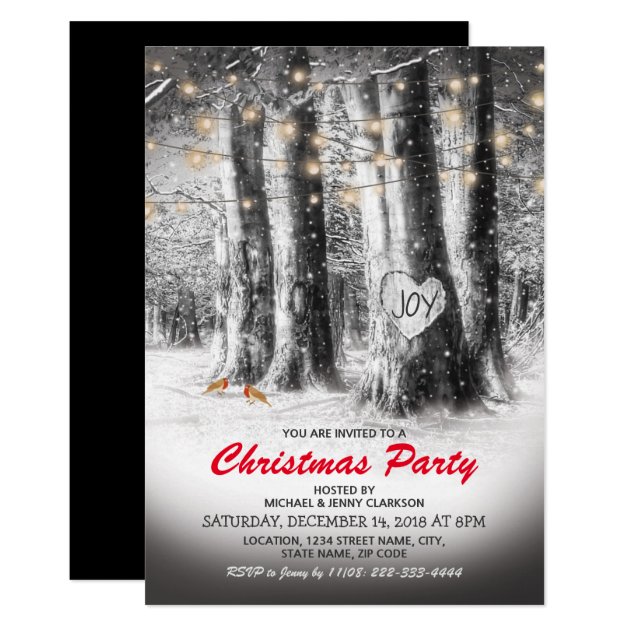 Rustic Winter Tree & String Lights Christmas Party Invitation