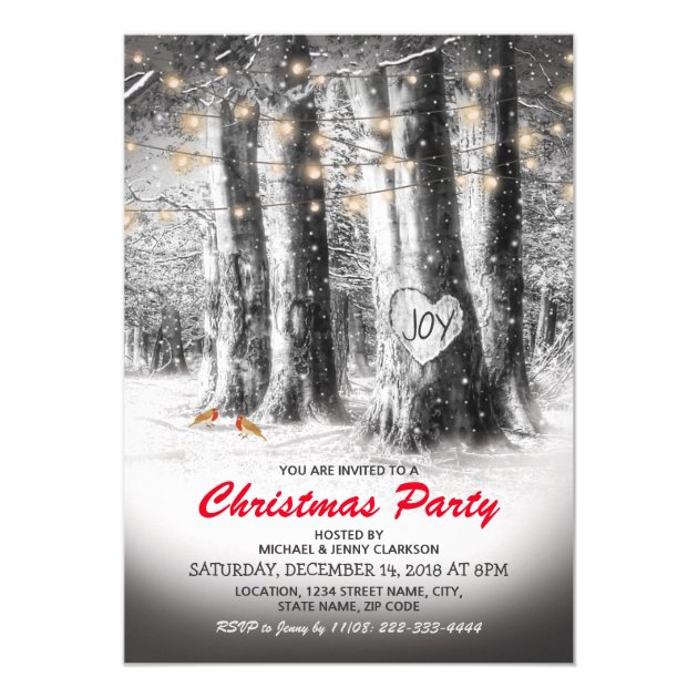 Rustic Winter Tree & String Lights Christmas Party Invitation