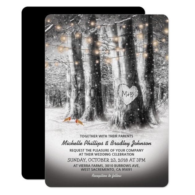 Rustic Winter Tree & String Lights Wedding Invitation