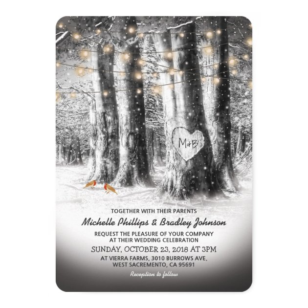 Rustic Winter Tree & String Lights Wedding Invitation