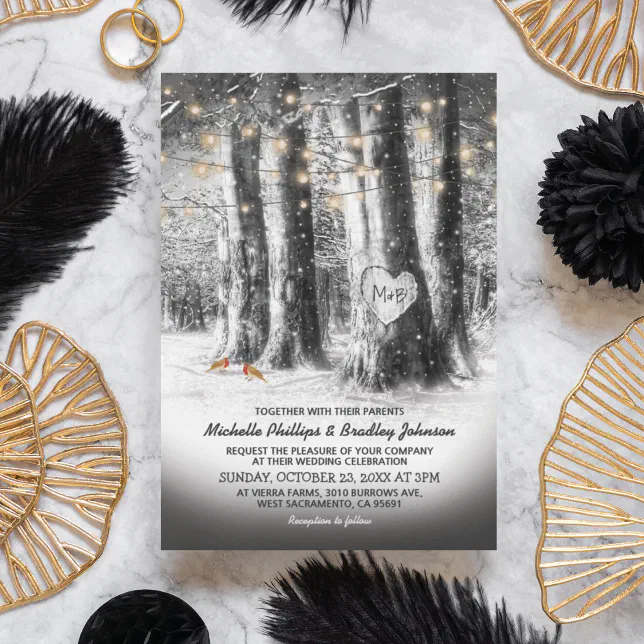 Rustic Winter Tree & String Lights Wedding Invitation | Zazzle