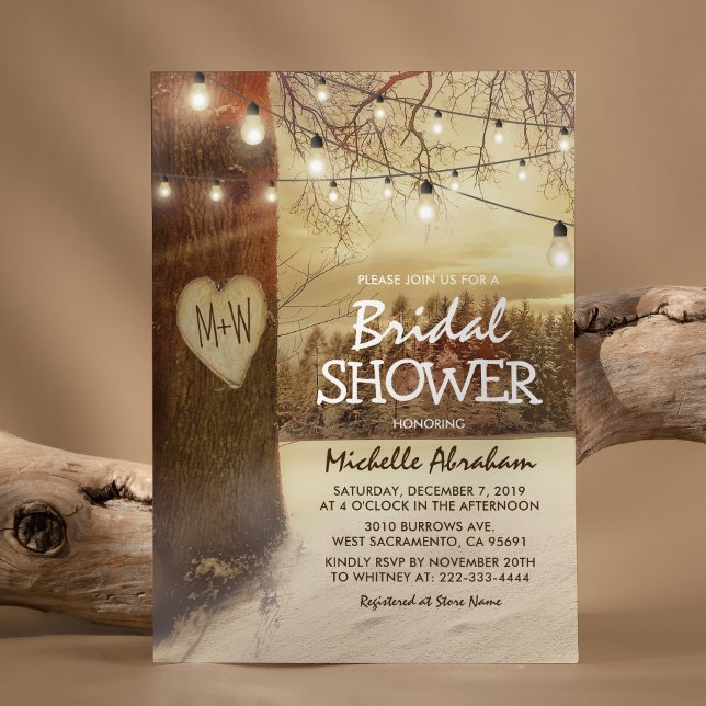 Rustic Winter Tree Twinkle Lights Bridal Shower Invitation