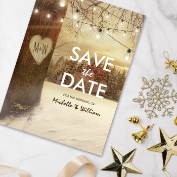 Rustic Winter Tree Twinkle Lights Save The Date Announcement Postcard by special_stationery at Zazzle