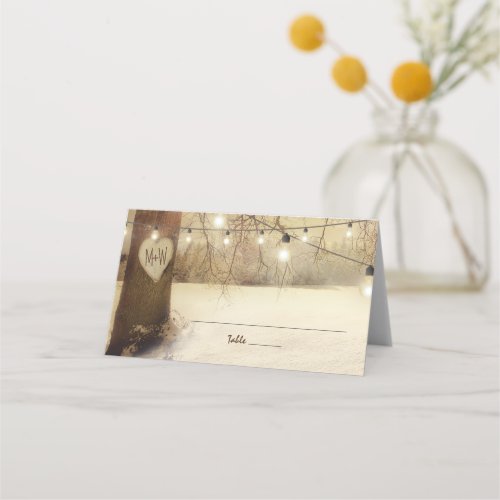 Rustic Winter Tree Twinkle Lights Wedding Place Card