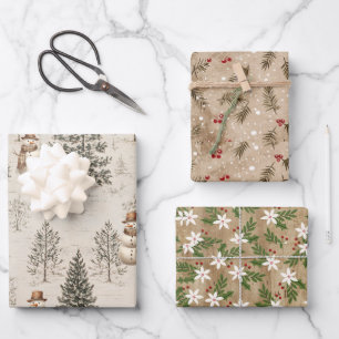 Rustic Winter Trees, Botanicals, Flowers, Snowmen Wrapping Paper Sheets