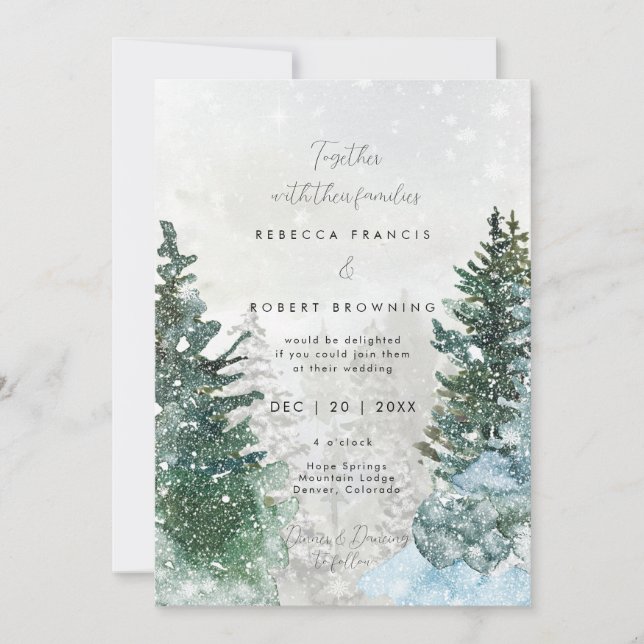 rustic winter trees snow wedding invitation (Front)
