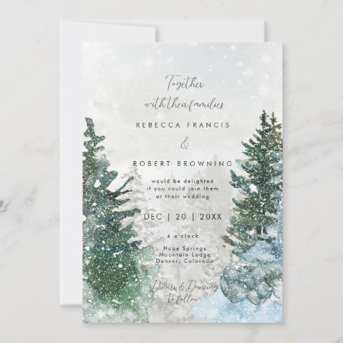 rustic winter trees snow wedding invitation